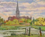 British, A view of a cathedral spire from water meadows by Faith Sheppard, oil on panel, sold Jan 2021