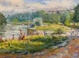 British, Figures on a pathway on the Thames at Richmond by Dennis Gilbert, oil on canvas, sold Jan 2021