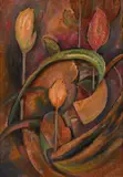 British, A stylised still life scene of flowers and foliage by Henry Samuel Merrit, oil on board, sold Jan 2021