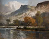 British, A river landscape with rocky mountains beyond by Frank T. Carter, oil on board, sold Jan 2021