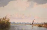 British, A scene of punters and a wherry on the Broads by R. J. Steward, oil on panel, sold Jan 2021