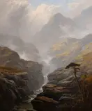 British, view of a mountain waterfall with sunlit peaks beyond by George Blackie Sticks, oil on canvas, sold Jan 2021