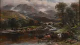 British, a scene of cattle by a river with mountains beyond by F. Allen, oil on canvas, sold Jan 2021