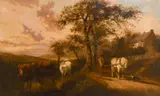 British, A lady on a horse on cart on a pathway by a cottage with cattle and a distant shoreline by Samuel Joseph Clark, oil on canvas, offered Jan 2021
