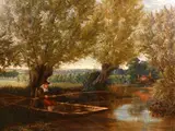 British, A scene of an angler on a river with a distant view of a cottage and fields by Gilbert Hall, oil on canvas, offered Jan 2021