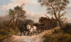 Belgium, figures with a horse and cart carrying logs on a country path with a coastal landscape beyond by Alexis de Leuuw, oil on canvas, sold Jan 2021