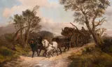 Belgium, figures with a horse and cart carrying logs on a country path with a coastal landscape beyond by Alexis de Leuuw, oil on canvas, sold Jan 2021