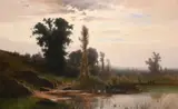 Swiss, Fishermen laying nets with an extensive landscape beyond by Gustave Castan, oil on canvas, sold Jan 2021