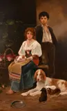 Italian, A girl and a boy and a dog with its litter by Eugenio Zampighi, oil on canvas, sold Jan 2021
