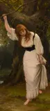 British, A lady in a white dress in a woodland setting with a stream beyond by William Oliver, oil on canvas, sold Jan 2021
