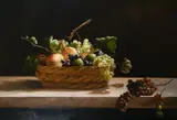 A still life of mixed fruit in a wicker basket on a stone shelf by E. Hollis, oil on canvas, sold Jan 2021