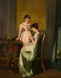 French, Ladies reading a letter in a formal room setting by Benjamin Eugen Fichel, oil, offered Jan 2021