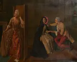 British, figures in an interior, a secret conversation by Edward Halliday, oil on canvas, offered Jan 2021