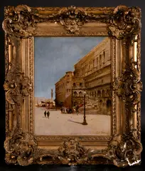 French, a scene of Venice with figures in a crowded Square by Paul Vernon, oil on panel, sold Jan 2021