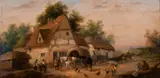 British, A pair of scenes of figures and horses in village settings by Georgina Lara, oil on canvas, offered Jan 2021