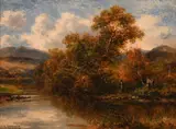 British, figures by a river with hills beyond by Carl Brennir, oil on canvas, offered Jan 2021