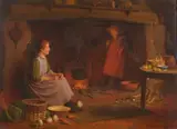 British, scene of a country cottage interior with figures by a fire by Henry Edward Spernon Tozer, oil on canvas, offered Jan 2021