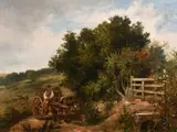 British, figure on a horse and cart in a country landscape by Thomas Kent Pelham, oil on canvas, sold Jan 2021