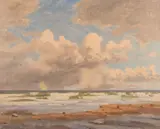 British, waves breaking on a shore with a rainbow in the distance by Philip Gregory Needell, oil on canvas, sold Jan 2021