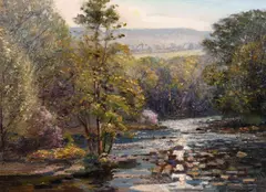British, A river landscape with distant hills by Lamorna Birch, oil on panel, sold Jan 2021