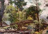 British, A woodland river landscape with a bridge and hills beyond by Robert Fowler, oil on canvas, sold Jan 2021