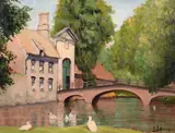 French school, a river landscape with a bridge and buildings by E. Lalonge, oil on board, offered Jan 2021