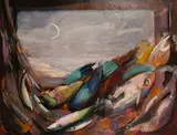British, A still life of fish and birds with a distant cove and crescent moon by Phyllis Bray, oil on canvas, offered Jan 2021