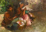 Jamaican, A scene of a family group seated at a roadside by Moya Cozens, oil on board, offered Jan 2021