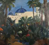 Danish, a view of Moorish buildings set amongst palm trees by Leo Estuad, oil on canvas, sold Jan 2021