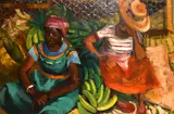 Jamaican, Two female figures sat amongst banana plants by Moya Cozens, oil on board, sold Jan 2021