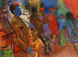 South Africa, scene of figures dancing while a jazz band plays by Sandy Esau, mixed media, offered Jan 2021