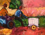 Zimbabwe/South Africa, a scene of figures on vehicles in an African landscape by Tendai Nahvira, acrylic on board, offered Jan 2021