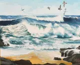 Seagulls and Surf by David Bellamy, oil on canvas, sold Jan 2021