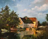 Hambleden Mill, A scene of boats on a river before mill buildings by Betty Raphael, oil on canvas, offered Jan 2021