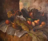 Danish, A still life of mixed fruit and copper on a tabletop by Carl Holger Fischer, oil on canvas, offered Jan 2021