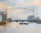 New Zealand/British, A view of the Thames with barges and a bridge by Michael Browne, oil on canvas, offered Jan 2021