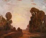 Scottish, A tree lined landscape with a setting sun by John Brown, oil on canvas, sold Jan 2021