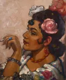 Belgian, A head study of an attractive lady with flowers in her hair by Charles Bisschops, oil on panel, sold Jan 2021