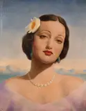 British, Portrait of a Lady with a coastline and mountains beyond by Douglas Swainson, oil on canvas, sold Jan 2021