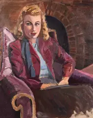 British, Portrait of an elegant lady seated by a fireplace by Francis Wynne Thomas, oil on canvas, sold Jan 2021