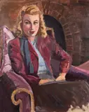 British, Portrait of an elegant lady seated by a fireplace by Francis Wynne Thomas, oil on canvas, sold Jan 2021