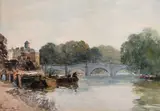 British school, a scene of Richmond bridge with figures on the bank by Thomas Swift Hutton, watercolour, sold Jan 2021