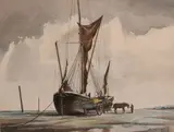 British, a study of a moored boat at low tide, with a figure leading a horse and cart by Roger Finch, watercolour, sold Jan 2021