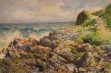 British, view of a rocky coastline with breaking waves by W. Cecil Dunford, watercolour, sold Jan 2021