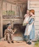 British, a scene of three young children outside a workshop by George Goodwin Kilburn, 1865, watercolour, offered Jan 2021