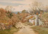 British, figures by a cottage, with sheep in the foreground by Charles James Adams, watercolour, sold Jan 2021
