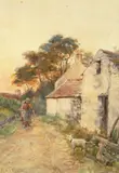 British, a figure carrying water by farm buildings by Yeend King, watercolour, sold Dec 2020