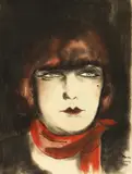 French, A head study of a female in a red scarf by Marcia Froment, mixed media, sold Dec 2020