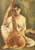Indian, A study of a female figure playing a Tanpura by Parshotam Singh, oil on canvas, sold Dec 2020