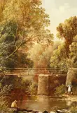 British, A river scene with an angler and a lady fetching a pail of water with a bridge behind by Henry Harris, oil on canvas, sold Dec 2020